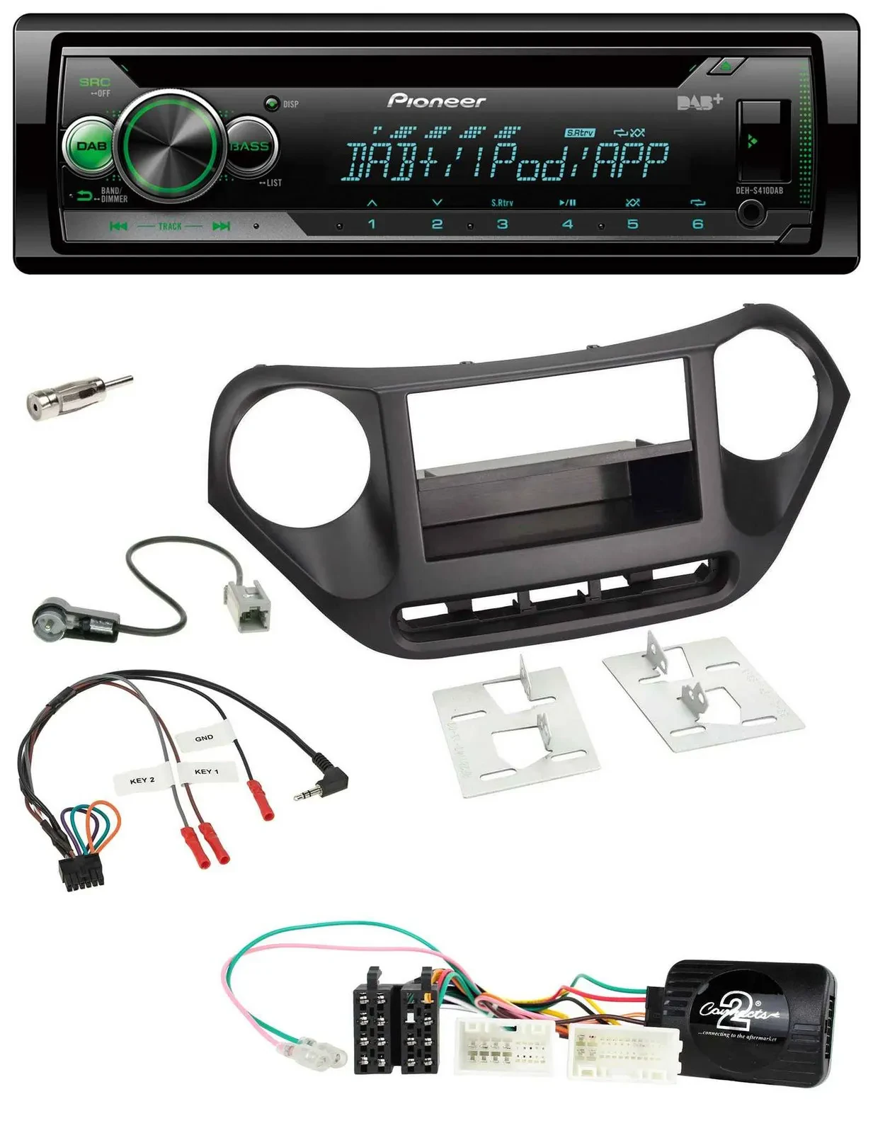 Автомагнитола Pioneer CD/USB MP3 DAB, совместима с управлением на руле, для Hyundai i10 (с 2014), черная