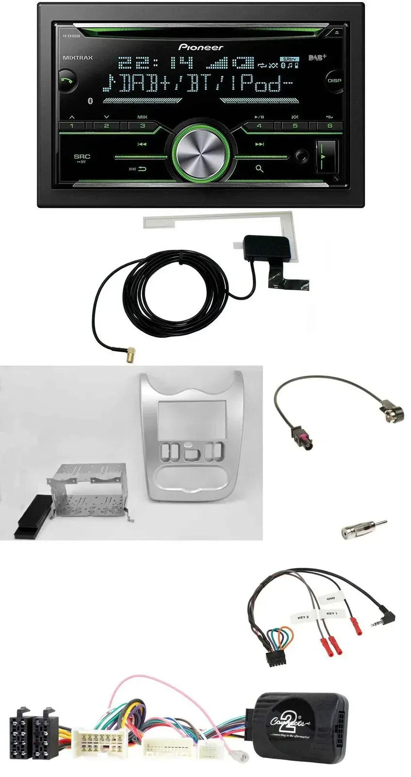 Автомагнитола Pioneer 2 DIN, CD, USB, Bluetooth, DAB, совместима с кнопками на руле, для Dacia (с 2012), светло-серебристый