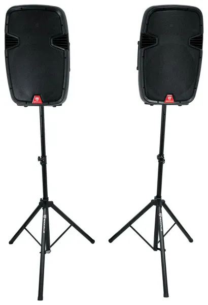 Rockville 2) 15" Battery Powered PA Speakers+Stands+Mics For Church Sound System