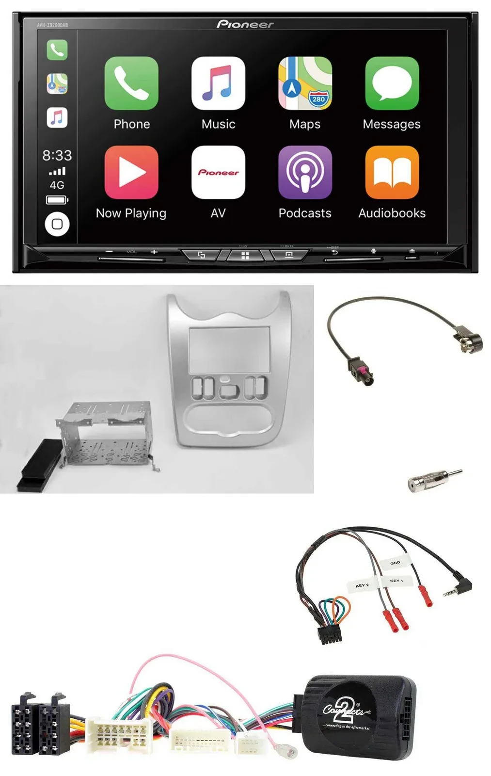 Pioneer 2DIN Lenkrad USB DAB DVD Bluetooth Autoradio für Dacia ab 2012 hellsilbe