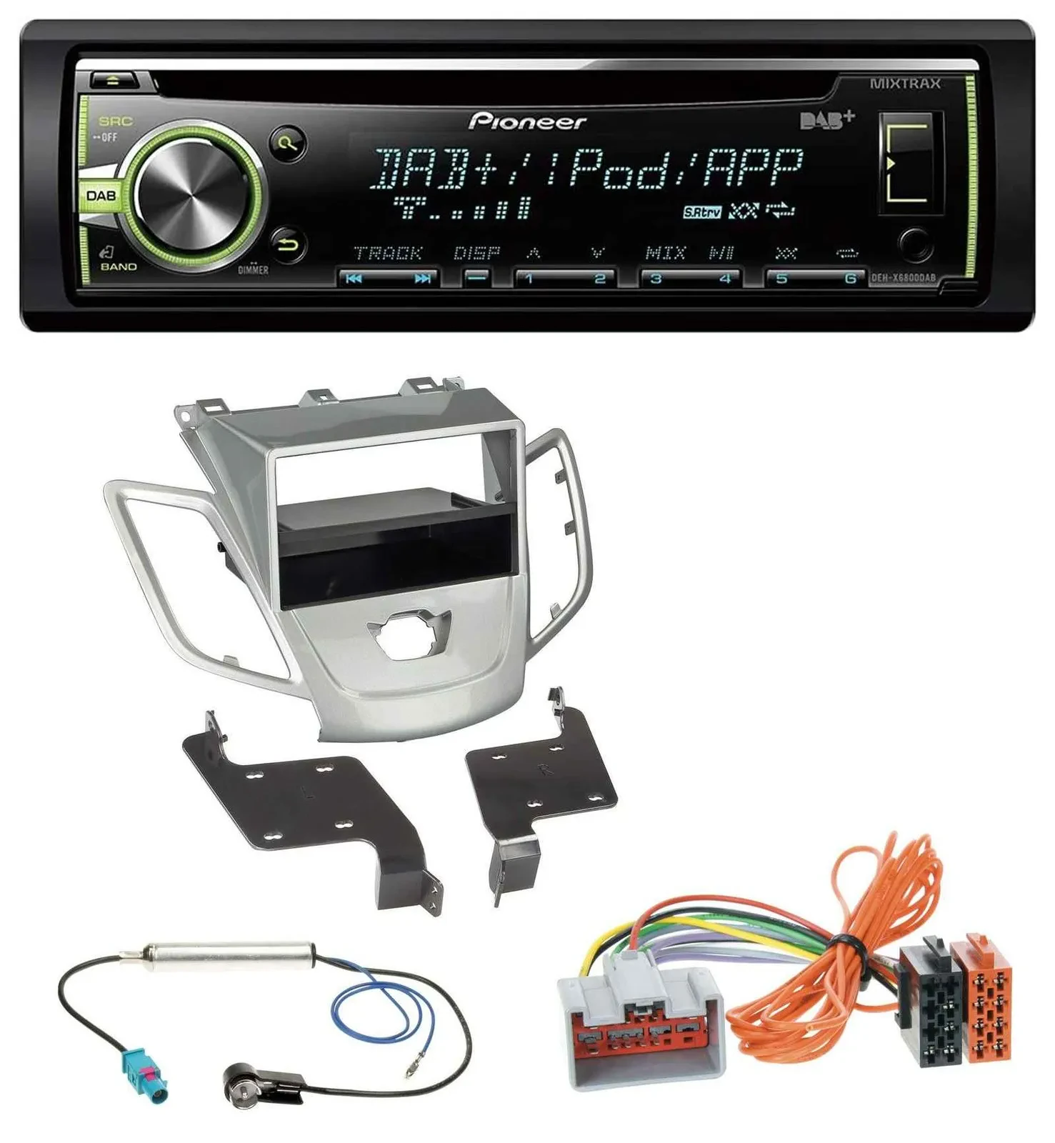 Автомагнитола для Ford Fiesta 2008–2010 Pioneer DAB, USB, MP3, AUX, CD, без дисплея, серебристая