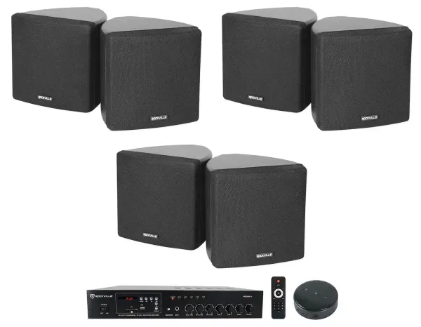 Rockville Commercial Bluetooth Amp+Wifi Receiver+(6) 3.5" Black Cube Speakers