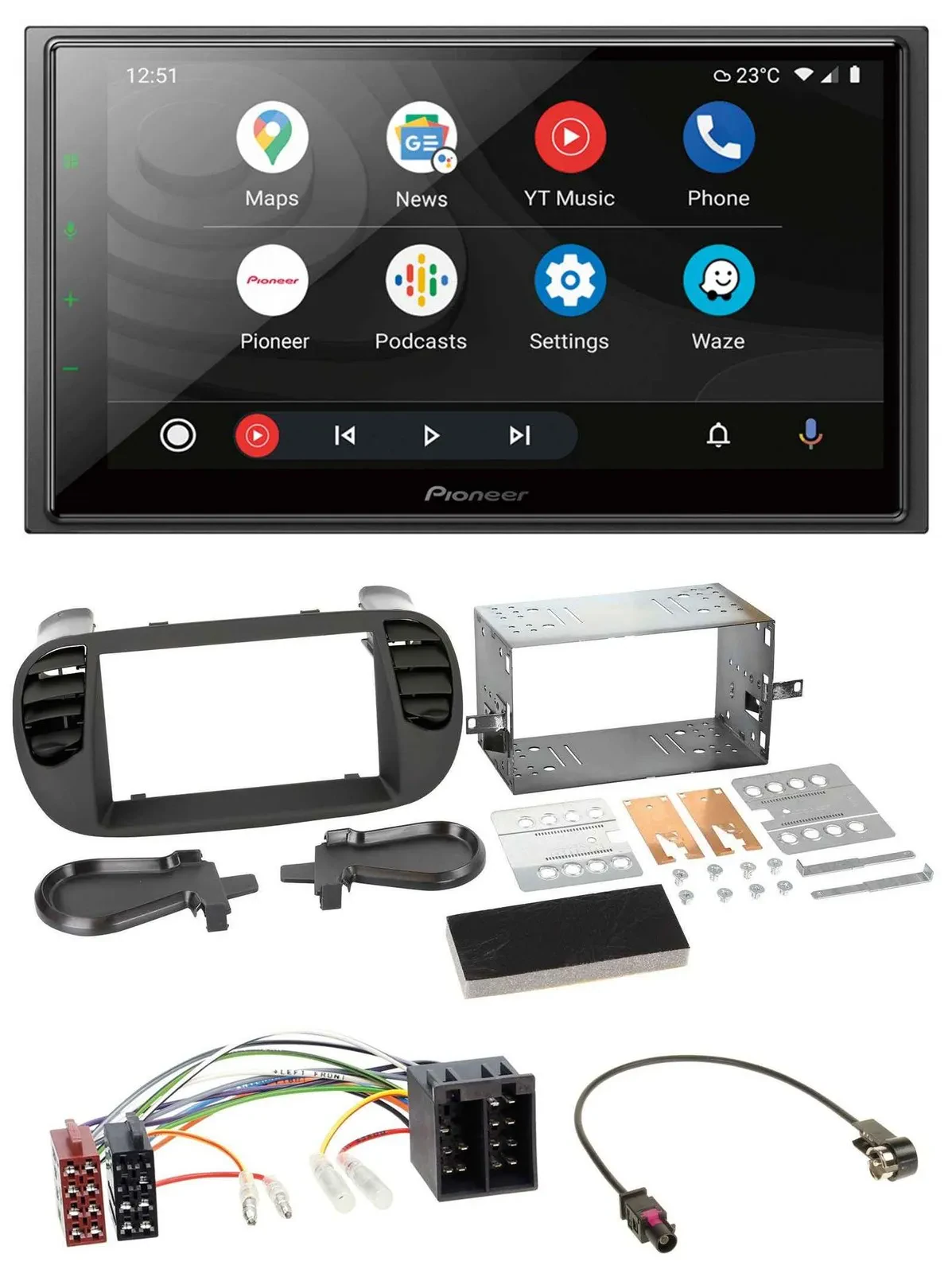 Автомагнитола для Fiat 500 Pioneer 2 DIN, USB, DAB, MP3, Bluetooth, ISO, soft touch