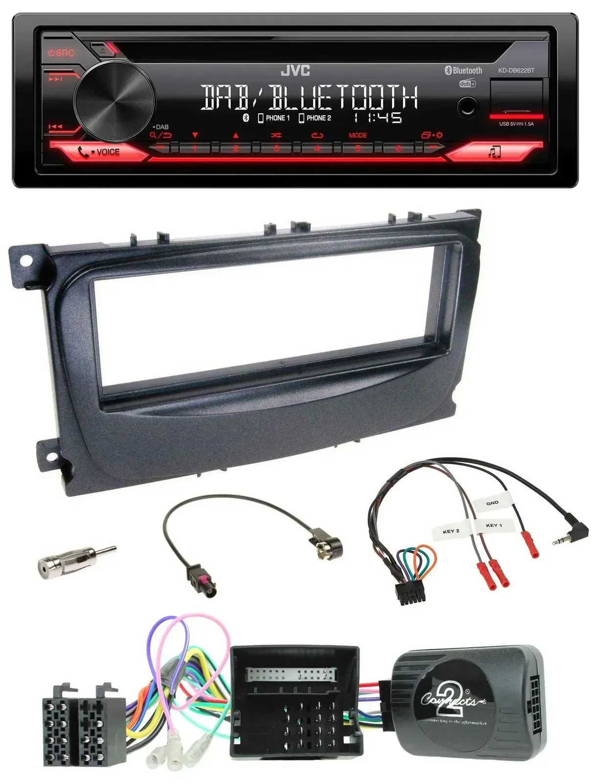 Автомагнитола JVC CD, DAB, USB, Bluetooth для Ford Mondeo/S-Max 2007–2014, поддержка кнопок на руле, CAN-Bus