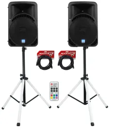 (2) Rockville RPG15BT 15" Powered Wireless Link DJ Speakers+Bluetooth+LED Stands