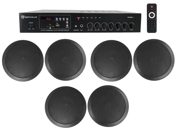 Rockville Commercial Amplifier+6) 6.5" 2-Way Black Ceiling Speakers 4 Restaurant