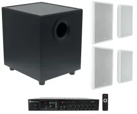 Rockville 70v Commercial Amp+(4) Slim White Speakers+Sub For Restaurant/Bar/Cafe