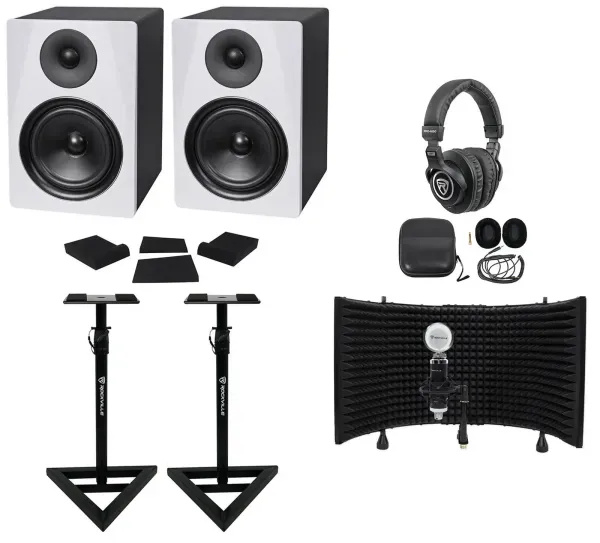 2) Rockville DPM6W 6.5" 420w Active Studio Monitors+Stands+Headphones+Mic+Shield