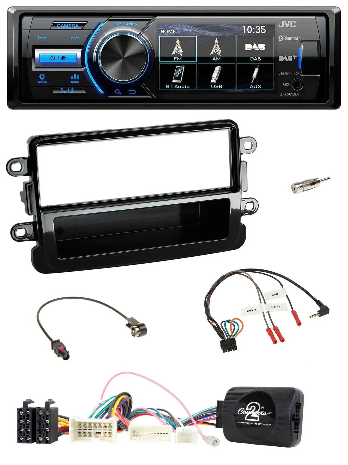 Автомагнитола для Dacia JVC Bluetooth USB DAB, черный (piano black), с поддержкой управления на руле, с 2012