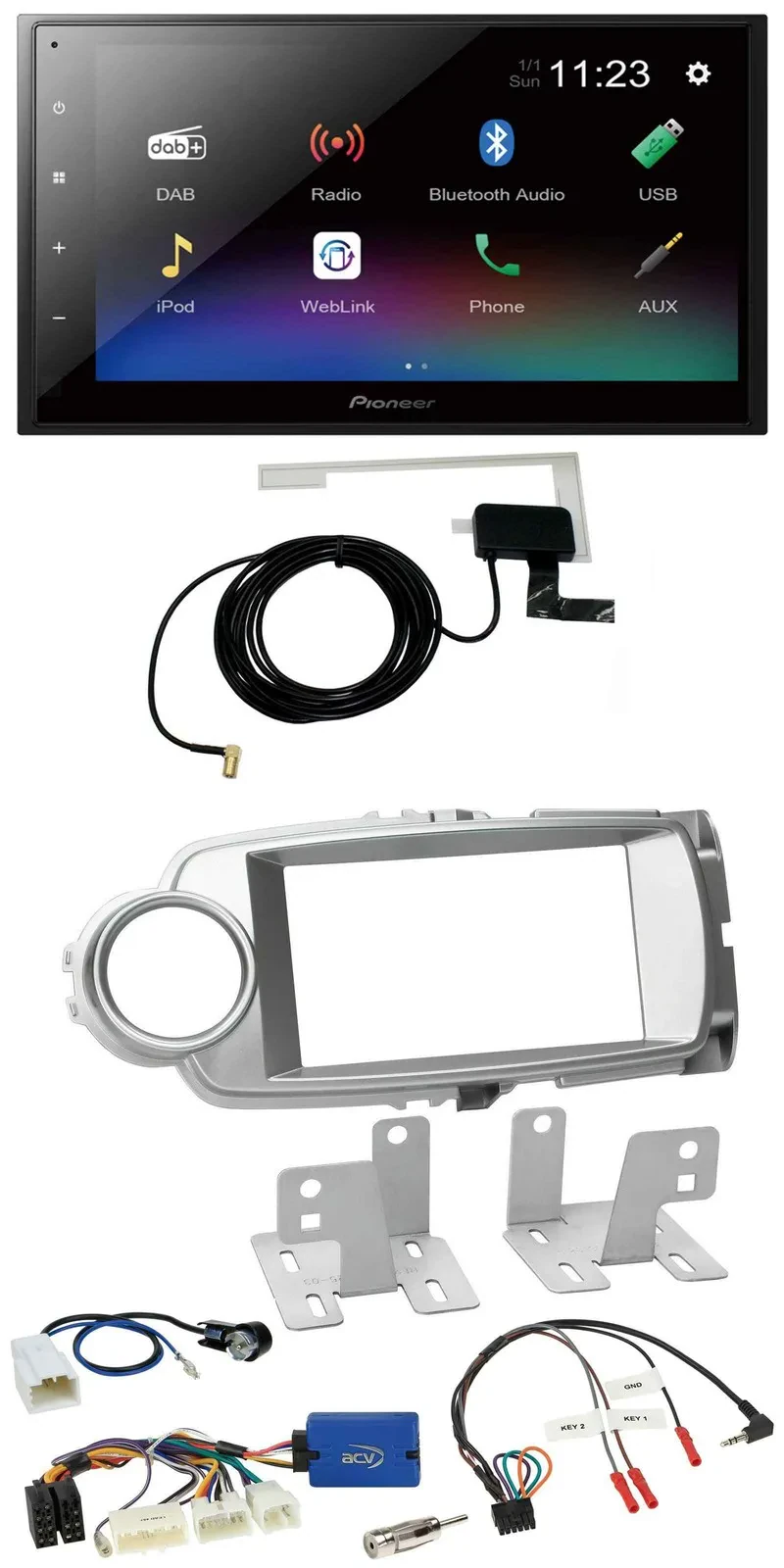 Pioneer DAB Lenkrad Bluetooth 2DIN USB Autoradio für Toyota Yaris 2011-2014 silb