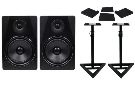 Pair Rockville APM8B 8" 2-Way 500 Watt Powered USB Studio Monitors+Stands+Pads