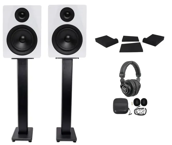 2 Rockville DPM5W 5.25" 300w Dual Powered Studio Monitors+Stands+Pads+Headphones