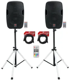 (2) Rockville BPA10 10" Powered 400w DJ PA Speakers wBluetooth+LED Stands+Cables