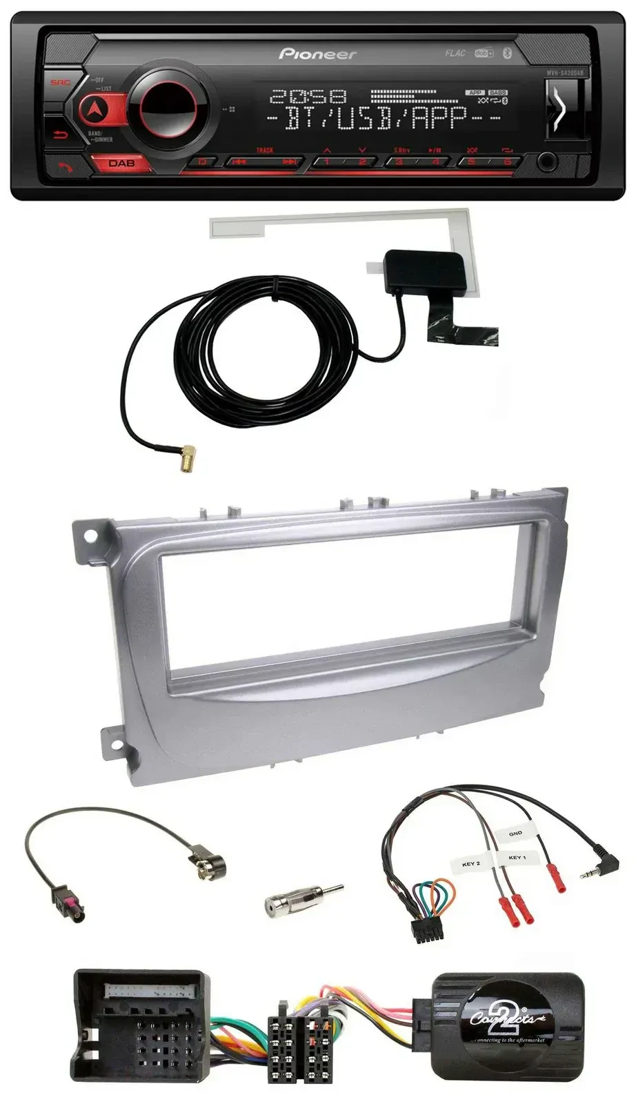 Автомагнитола Pioneer DAB, USB, Bluetooth, поддержка кнопок на руле, для Ford S-Max/Mondeo (2007–2014), серебристая