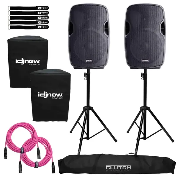 Gemini AS-1500P 15" Powered Bluetooth DJ PA Speakers w Stands & Pink XLR Cables