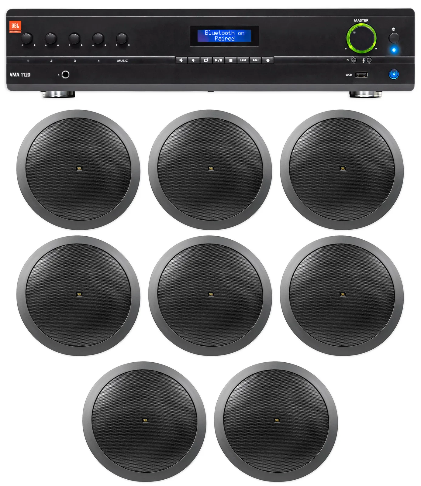 JBL VMA1120 Commercial/Restaurant 120W 70v Amplifier+(8) JBL Black 6.5" Speakers