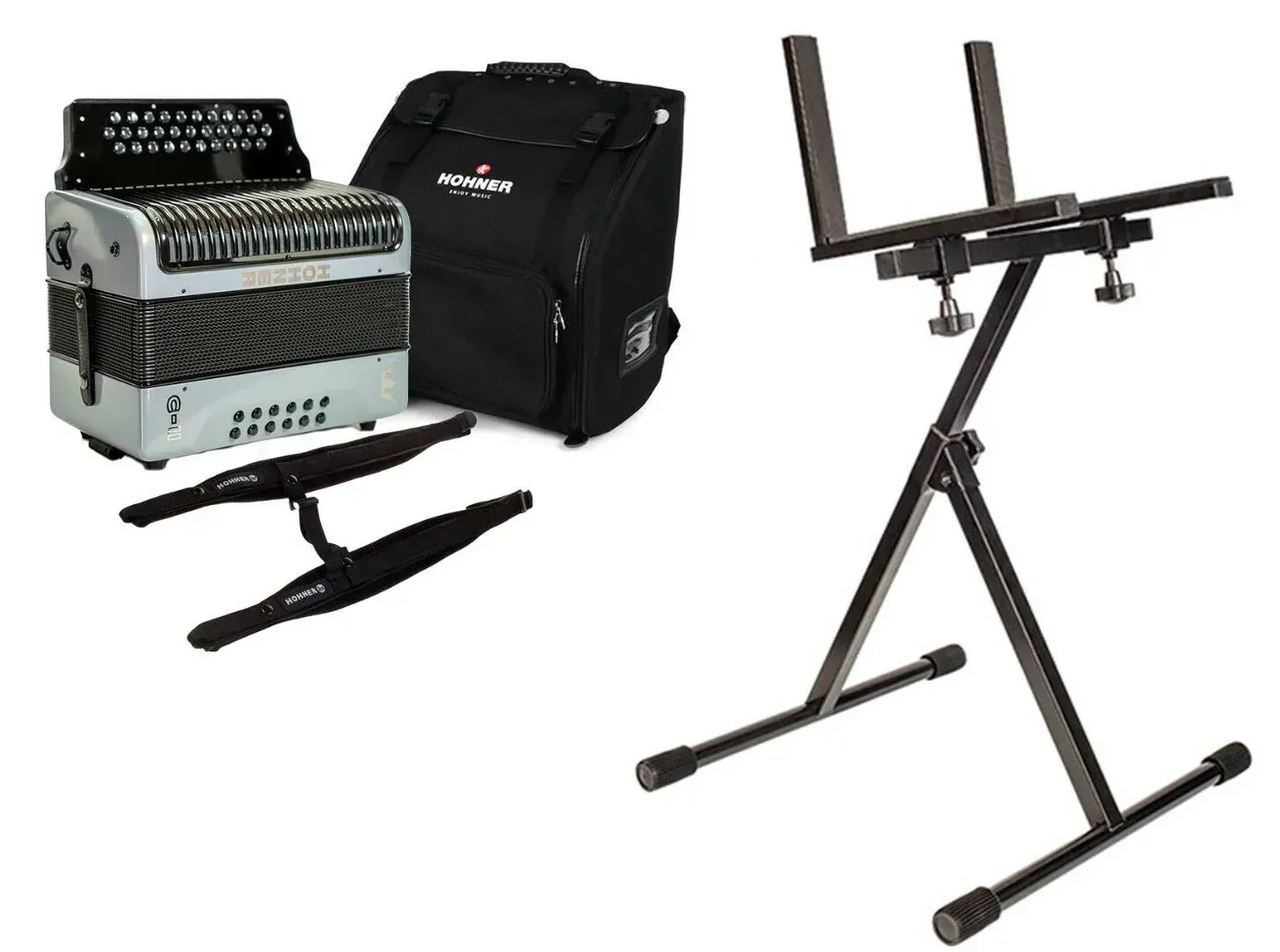 Аккордеон Hohner Corona II диатонический, кнопочный GCF серебристый радужный (набор) с сумкой, салфеткой и стойкой