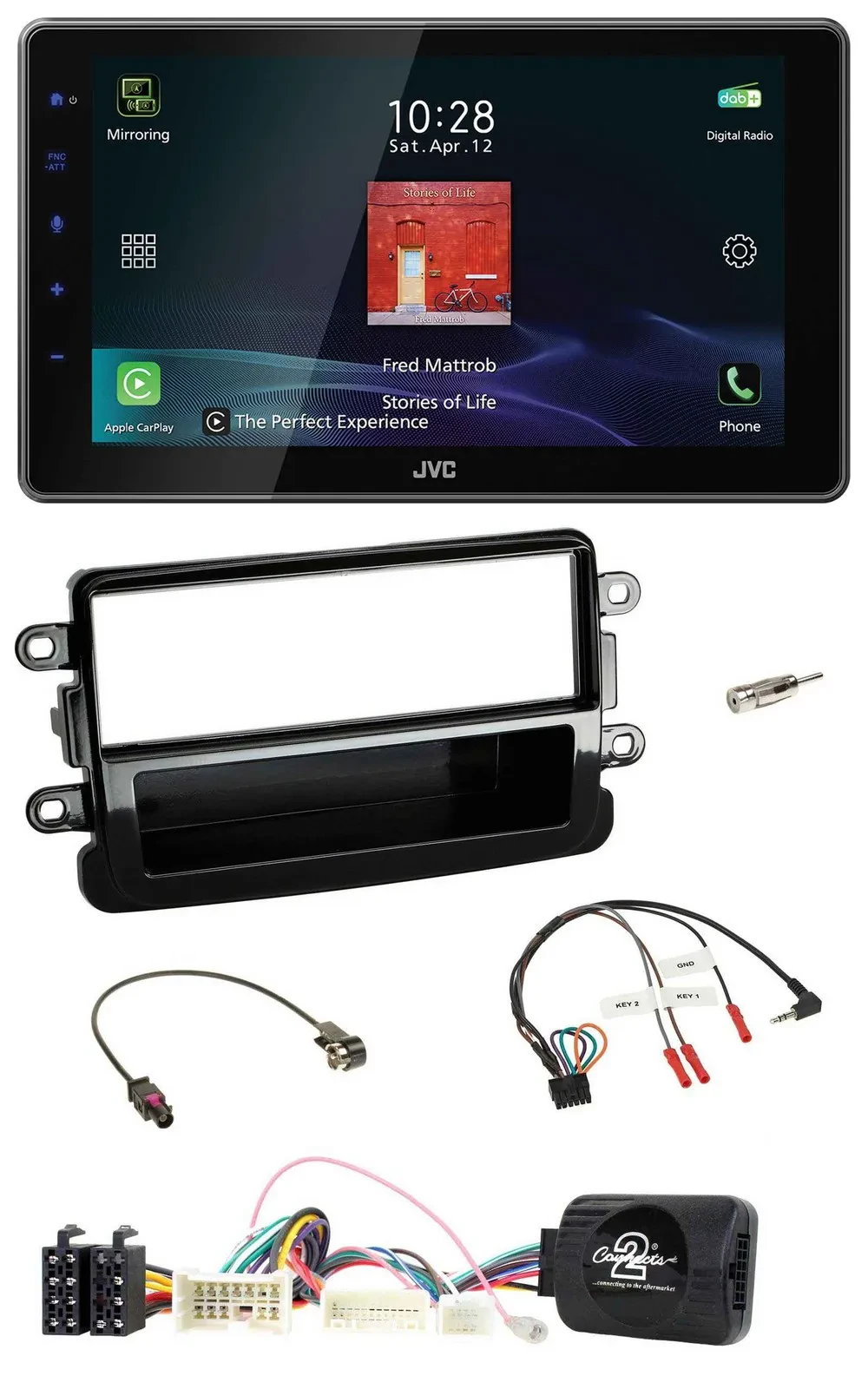 JVC DAB Lenkrad Bluetooth USB Autoradio für Dacia ab 2012 piano schwarz