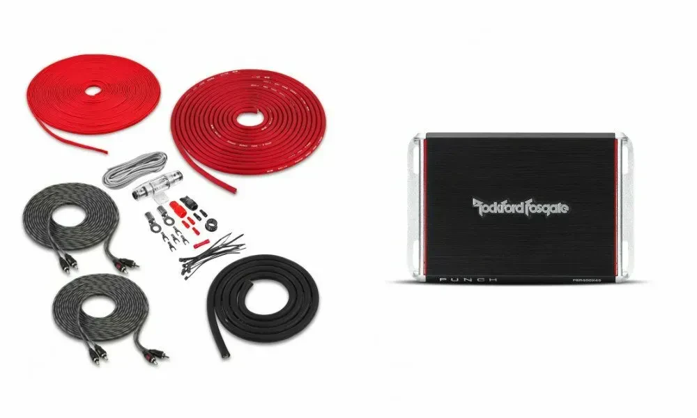 Усилитель мощности для автомобиля Rockford Fosgate PBR400X4D 4‑канальный 400W (набор) с Belva 8 Gauge Amp Kit
