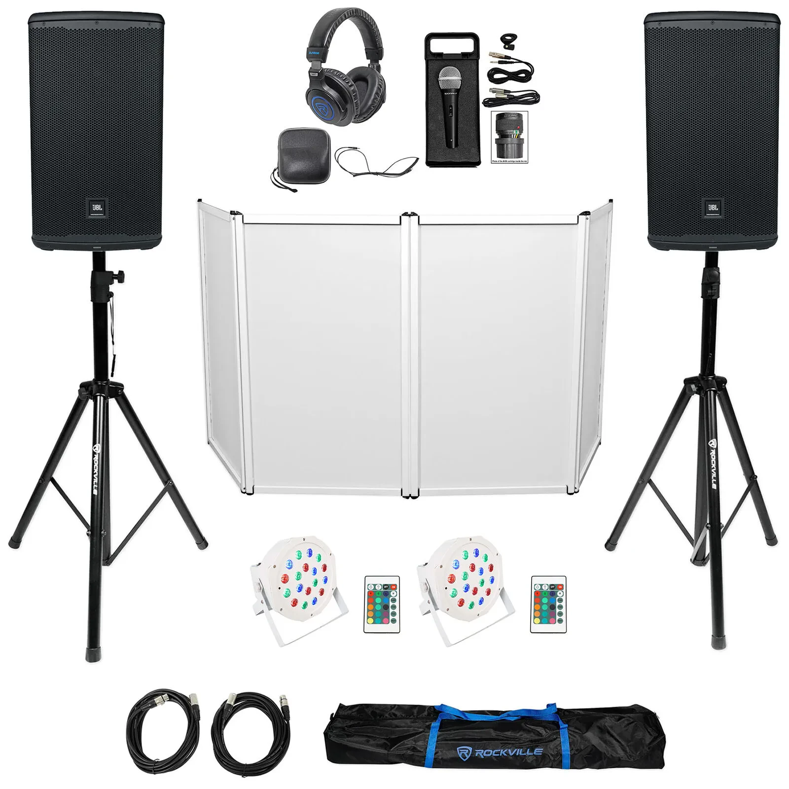 JBL DJ Package w/ (2) EON712 12" Speakers+Facade+Stands+Lights+Mic+Headphones