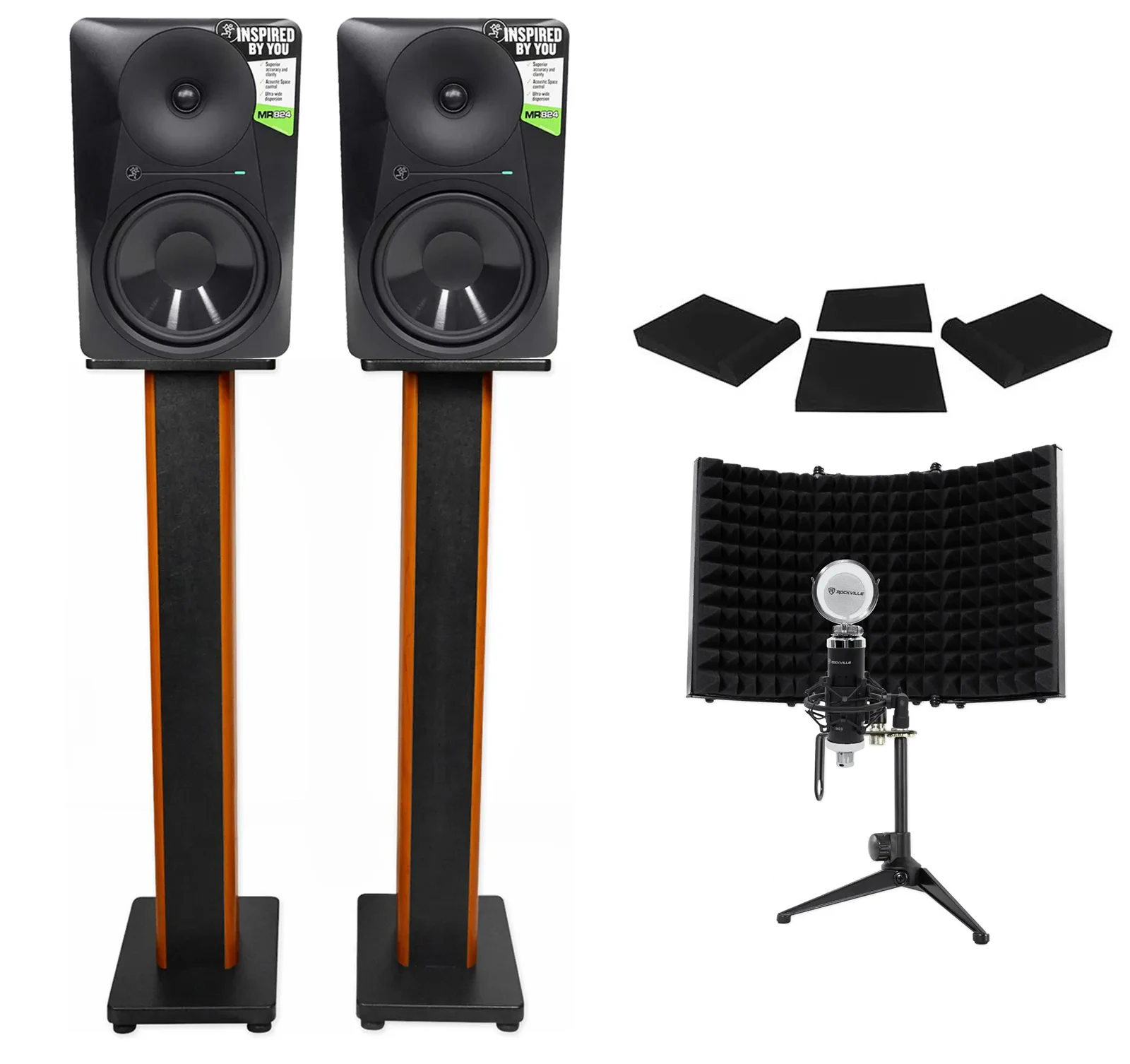 Студийный монитор Mackie MR824 8" 85W (набор, пара) с конденсаторным микрофоном, стойками 36", изолирующими падами и акустическим экраном