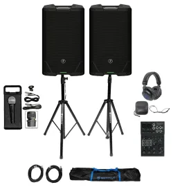 (2) Mackie SRT215 15” DJ PA Speakers w/Bluetooth+Mixer+Stands+Headphones+Mic