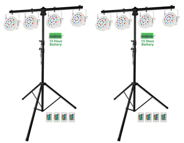 (2) Rockville RVLS1 Tripod Lighting Stands wSide Bars+8 White Battery Par Lights