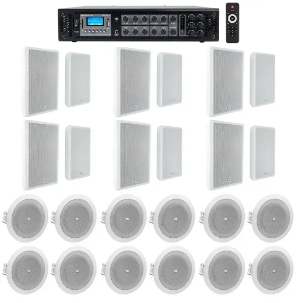 6-Zone Amplifier+12) White Wall+12) JBL Ceiling Speakers For Restaurant/Bar/Cafe