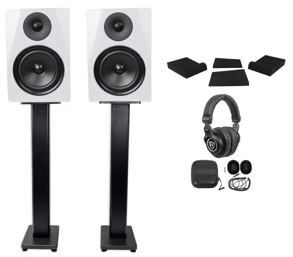 2) Rockville DPM6W 6.5" 420w Dual Powered Studio Monitors+Stands+Pads+Headphones