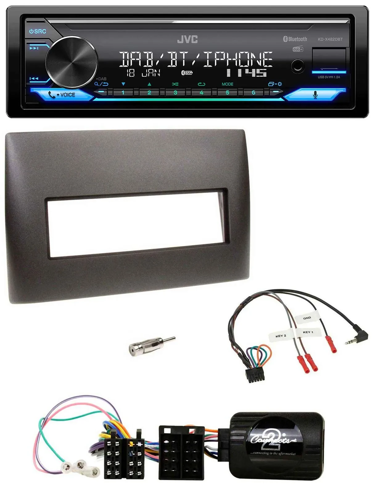 JVC Bluetooth DAB USB Lenkrad Autoradio für Fiat Stilo 2001-2007 schwarz