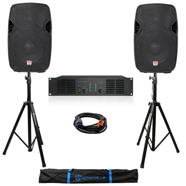 (2) Rockville SPGN104 10" DJ PA Speakers+Pro Amplifier+Stands+Cables+Bag