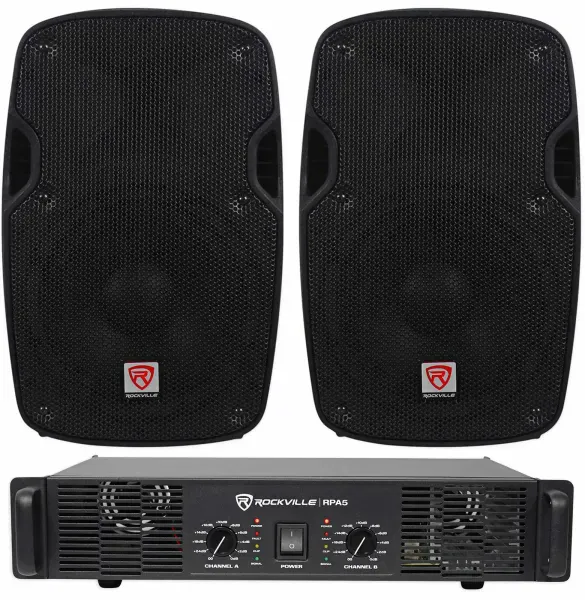 2) Rockville SPG84 8“ 800W 4 Ohm PA Speakers ABS Cabinet+RPA4 1000w Amplifier