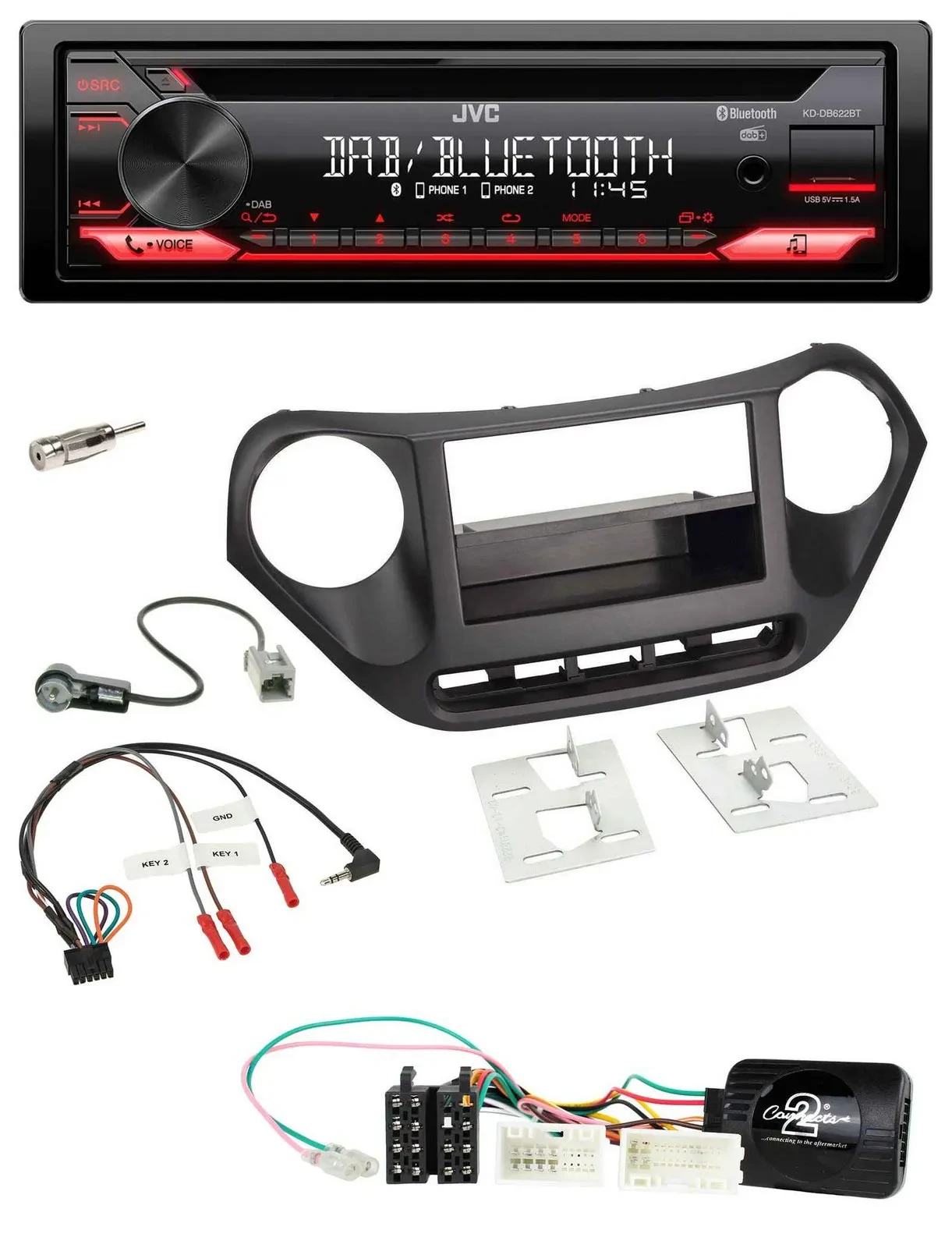 Автомагнитола JVC CD DAB USB Bluetooth для Hyundai i10 (с 2014) черная с поддержкой кнопок на руле