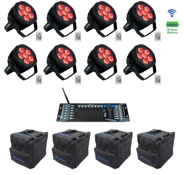 (8) Rockville BEST PAR H2O Water Resistant Lights+Bags+Wireless DMX Controller