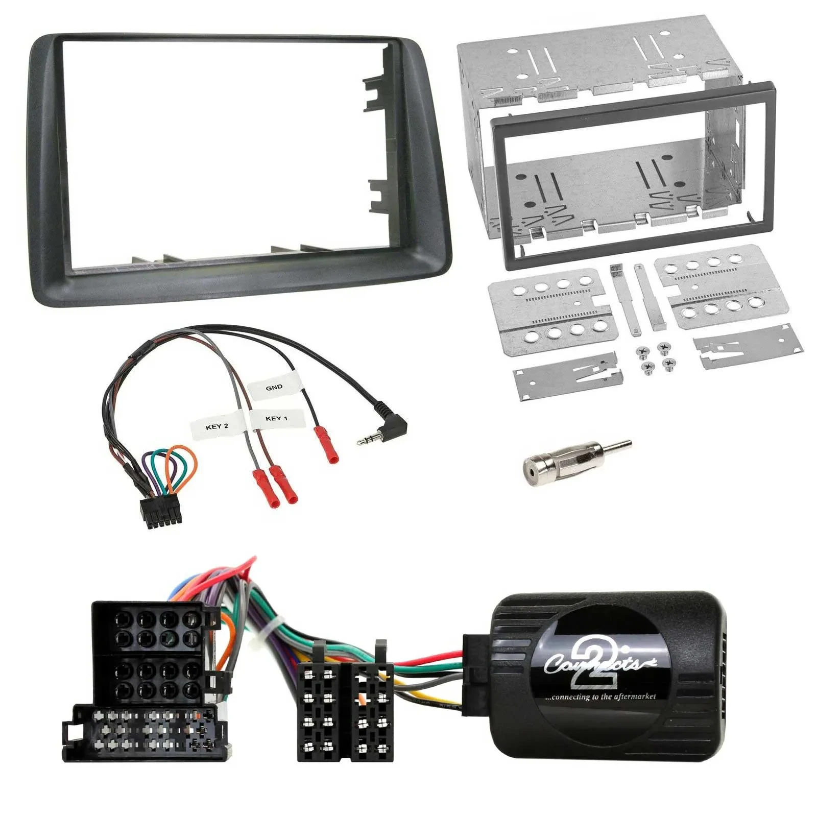 Установочный комплект для автомагнитолы Caraudio24 2 DIN, серый, для Fiat Panda 2004–2007 с адаптером кнопок на руле