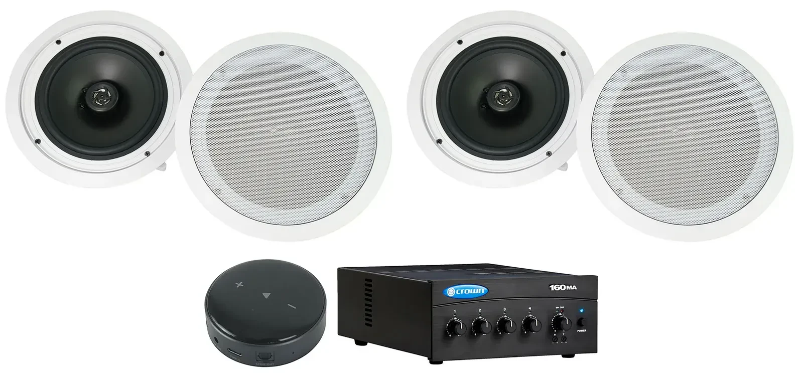 Crown 70v Amplifier+(4) White 8" Commercial Ceiling Speakers+Smart Wifi Receiver