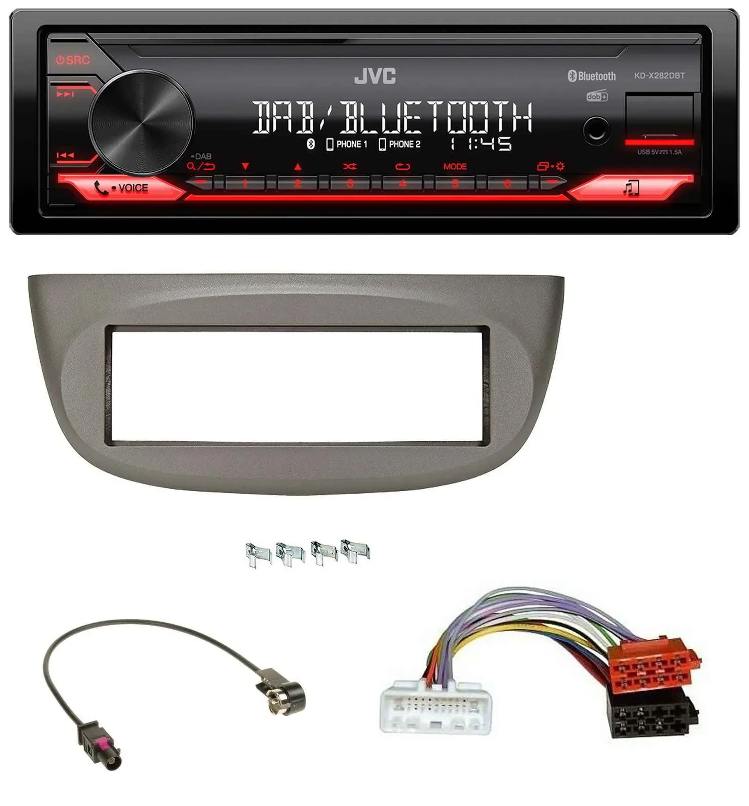 Автомагнитола для Renault Twingo (с 2015) JVC Bluetooth, USB, DAB, MP3, бежево-серая