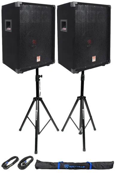 (2)Rockville RSG10 10” 400 Watt 2Way 8-Ohm Passive DJ PA Speaker +Stands +Cables