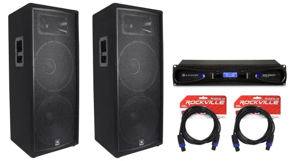 (2) JBL JRX225 Dual 15" 4000 Watt DJ/PA Speakers Monitors+Crown Amplifier+Cables
