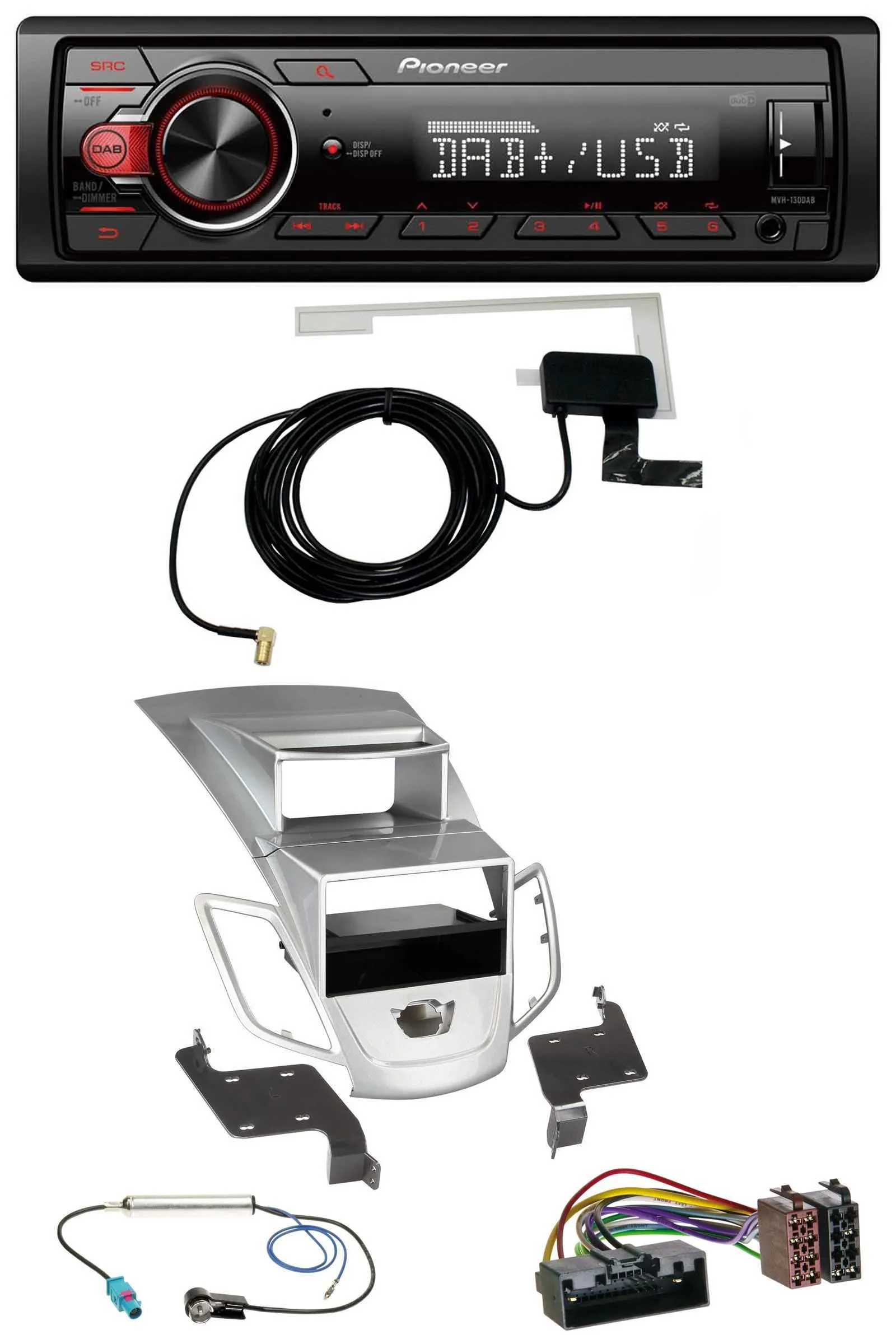 Автомагнитола Pioneer 1DIN, MP3, DAB, USB, AUX, для Ford Fiesta (2010–2017), серебристый