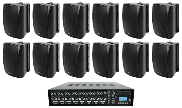 12) 6.5" Black Wall Speakers+Multi Room Amplifier For Restaurant/Office/Cafe/Bar