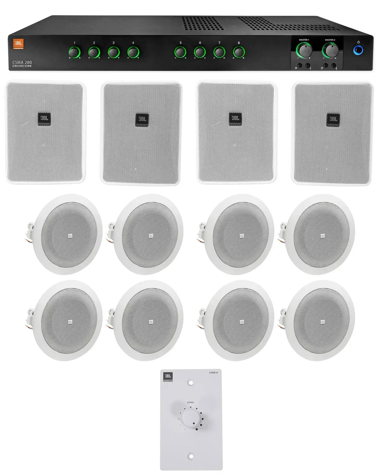 JBL Commercial Amplifier+(4) 6.5" White Wall+(8) 4" Ceiing Speakers+Wall Control