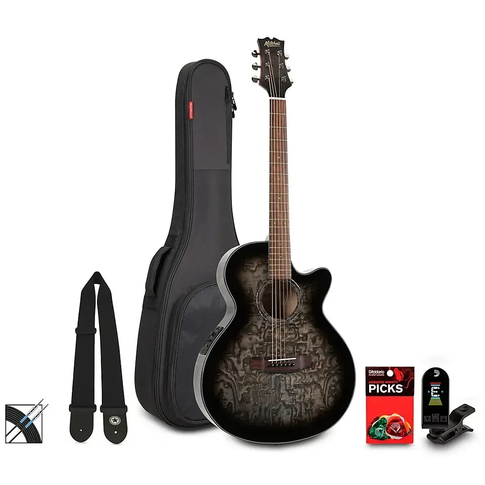 Электроакустическая гитара Mitchell MX430QAB Exotic Grand Auditorium, вырез Venetian, 6-струнная, Fishman Presys, Midnight Black Edge Burst (набор) с чехлом, тюнером, кабелем, ремнем и медиаторами