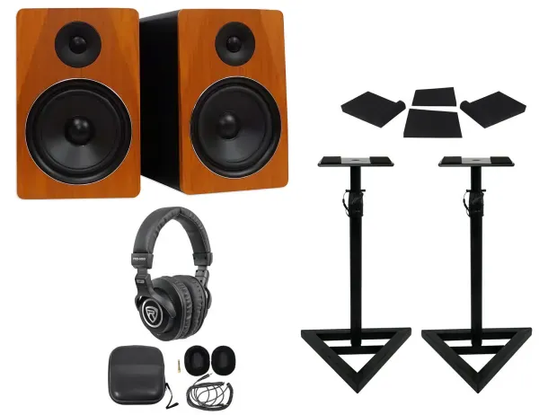 Pair Rockville APM8C 8" 500W Powered Studio Monitors+Stands+Pads+Headphones