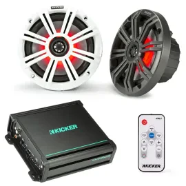 Kicker KM65L 6.5" Marine Coaxial Speakers with Amp and LED Remote with Receiver