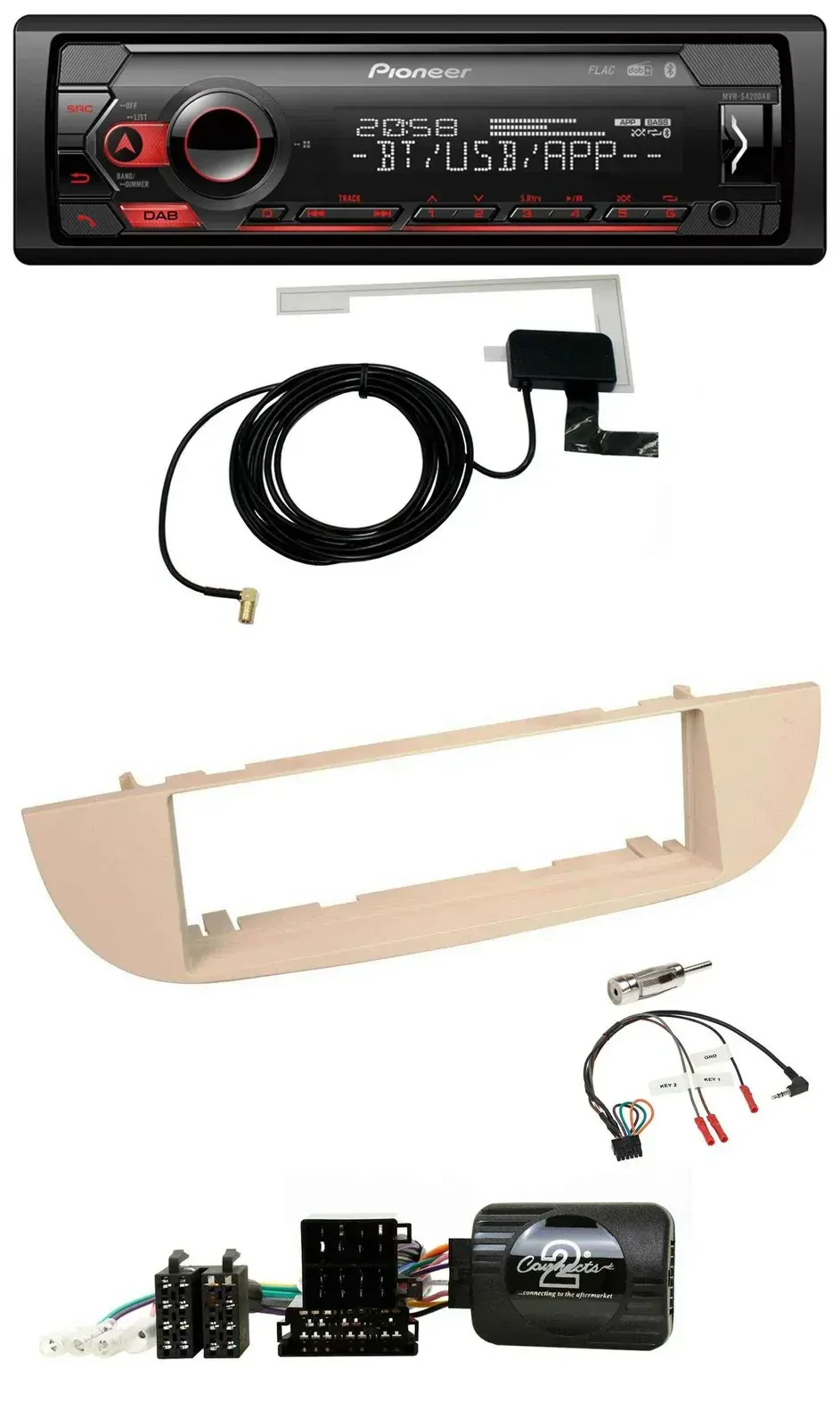 Автомагнитола для Fiat 500 (с 2007) Pioneer DAB, USB, Bluetooth, поддержка кнопок на руле, перламутрово-серый/бежевый