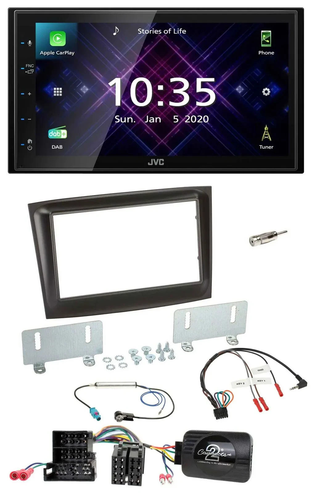 JVC DAB 2DIN Lenkrad Bluetooth USB Autoradio für Fiat Doblo Mini-ISO ab 2015 sch