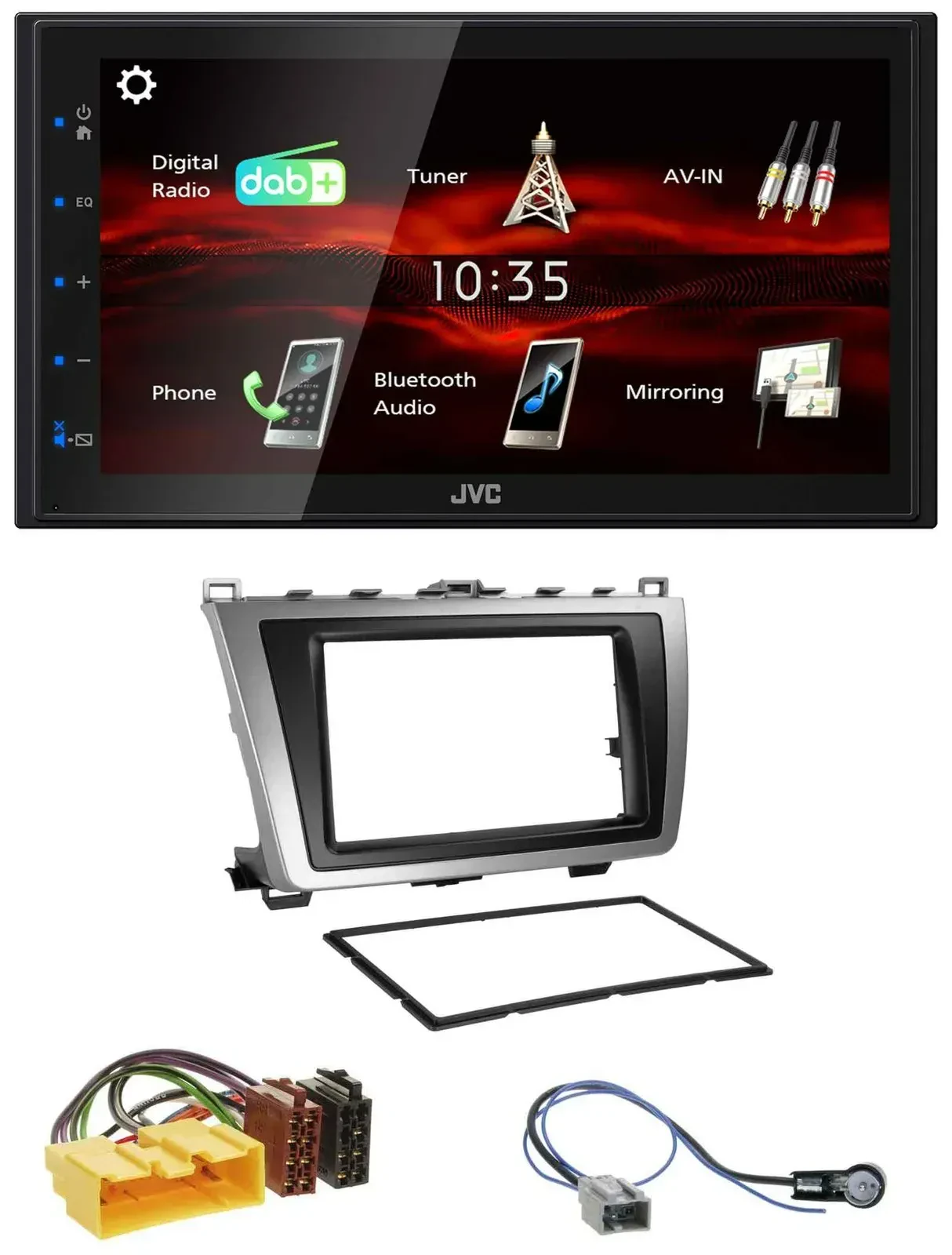 Автомагнитола для Mazda 6 (2008–2012) JVC 2 DIN, USB, Bluetooth, MP3, DAB, черно-серебристая