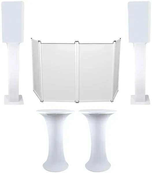 2) Club Scene Highboy Tables+White 15" Speaker Scrims+DJ Facade+2) Totem Stands