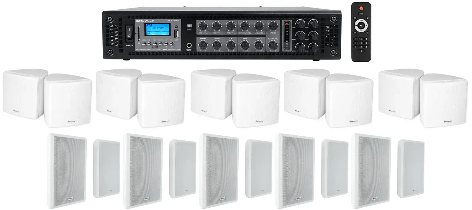 Трансляционный усилитель Rockville RCS180-6+(5) Cube 70v White+(5) Rockslim с комплектом акустики